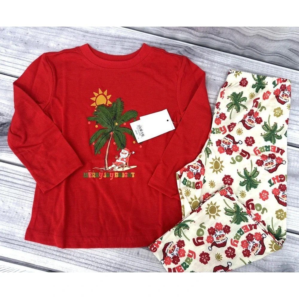 SANTA 0N HOLIDAY TROPICAL CHRISTMAS PAJAMAS SET Toddler Size 2T RED CREAM  NEW!!